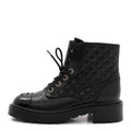 Chanel Shiny Goatskin Calfskin Quilted Lace Up Combat Boots 38.5 Black