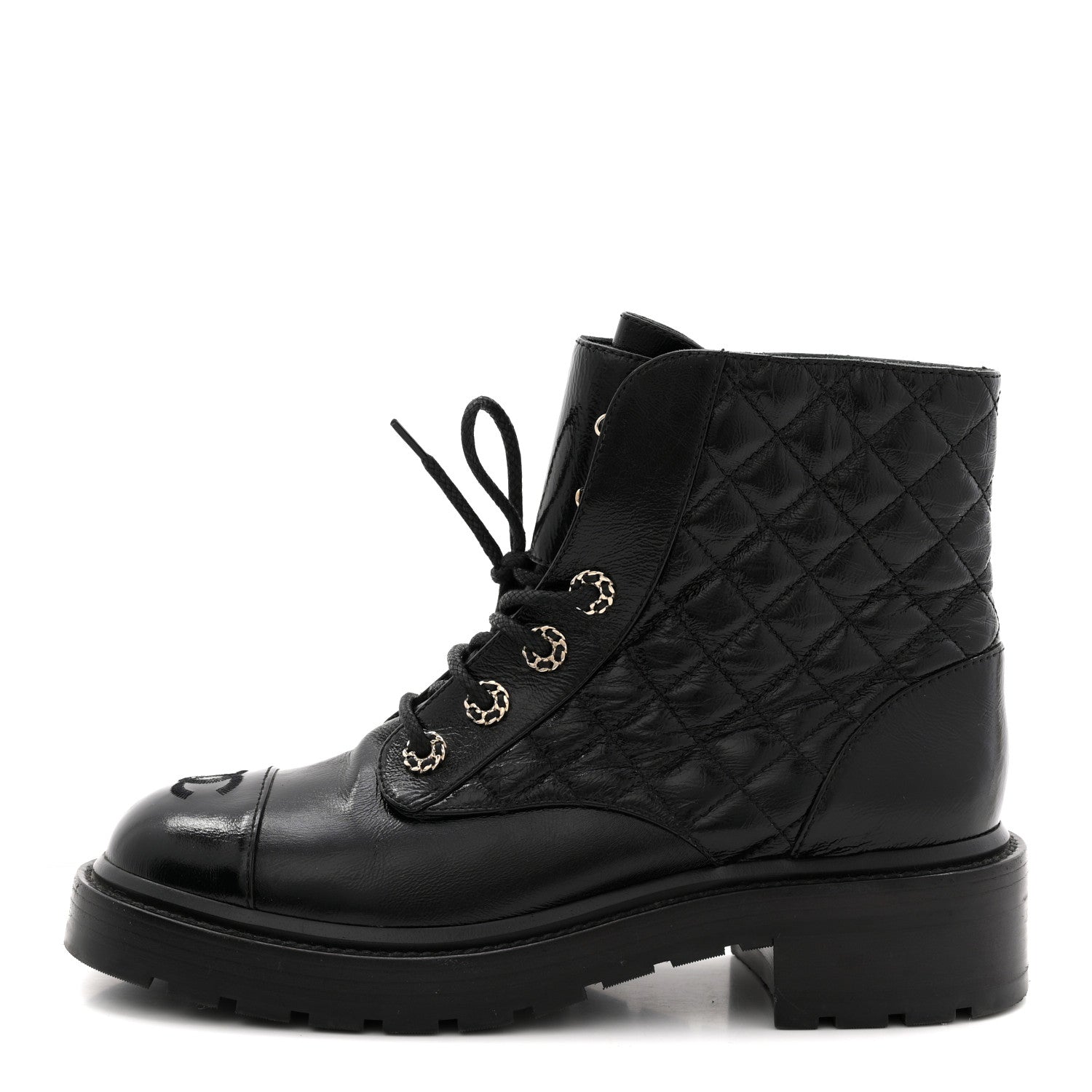 Chanel Shiny Goatskin Calfskin Quilted Lace Up Combat Boots 38.5 Black