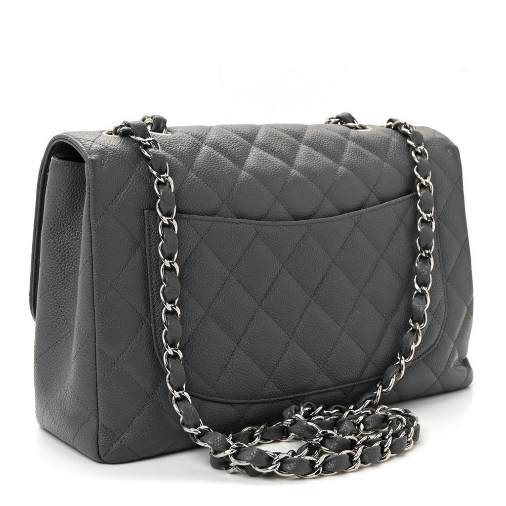 Chanel Caviar Quilted Jumbo Single Flap Grey