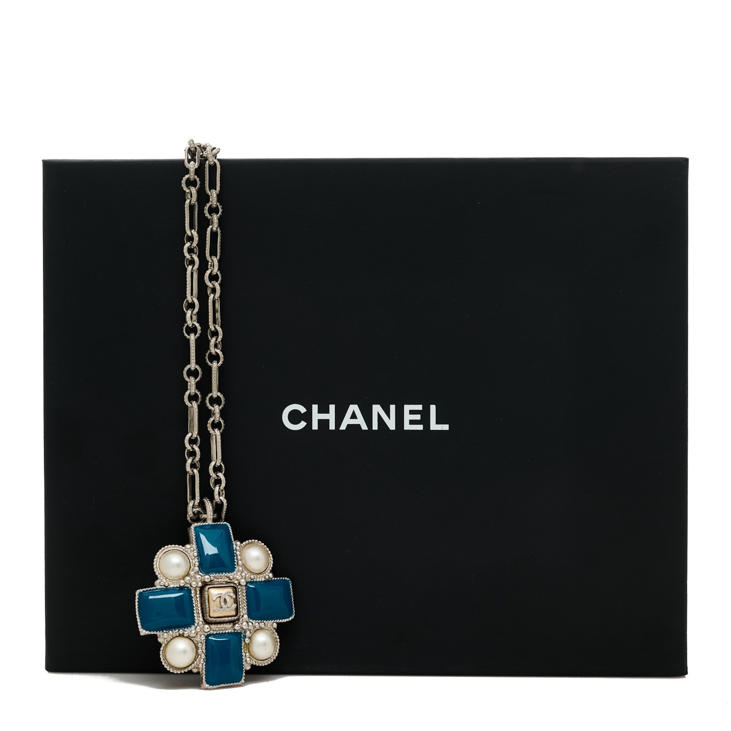 Gripoix Poured Glass Pearl CC Pendant Necklace Turquoise Silver