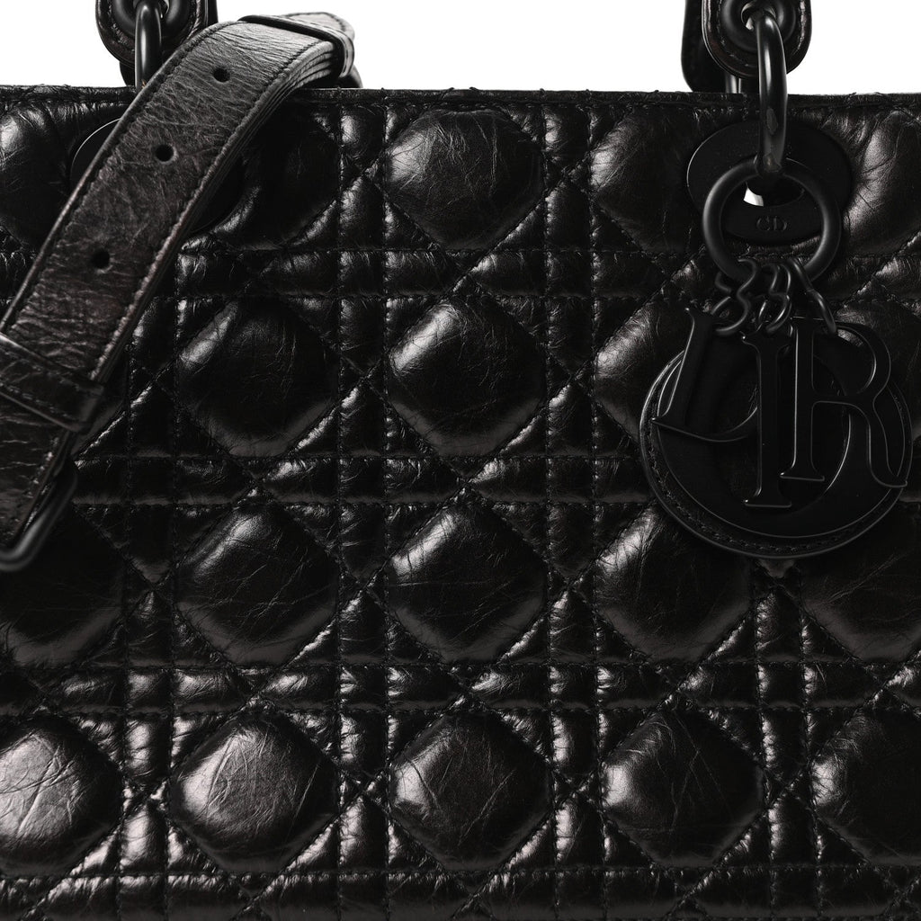 Christian Dior Crinkled Calfskin Cannage Medium Lady Dior Black