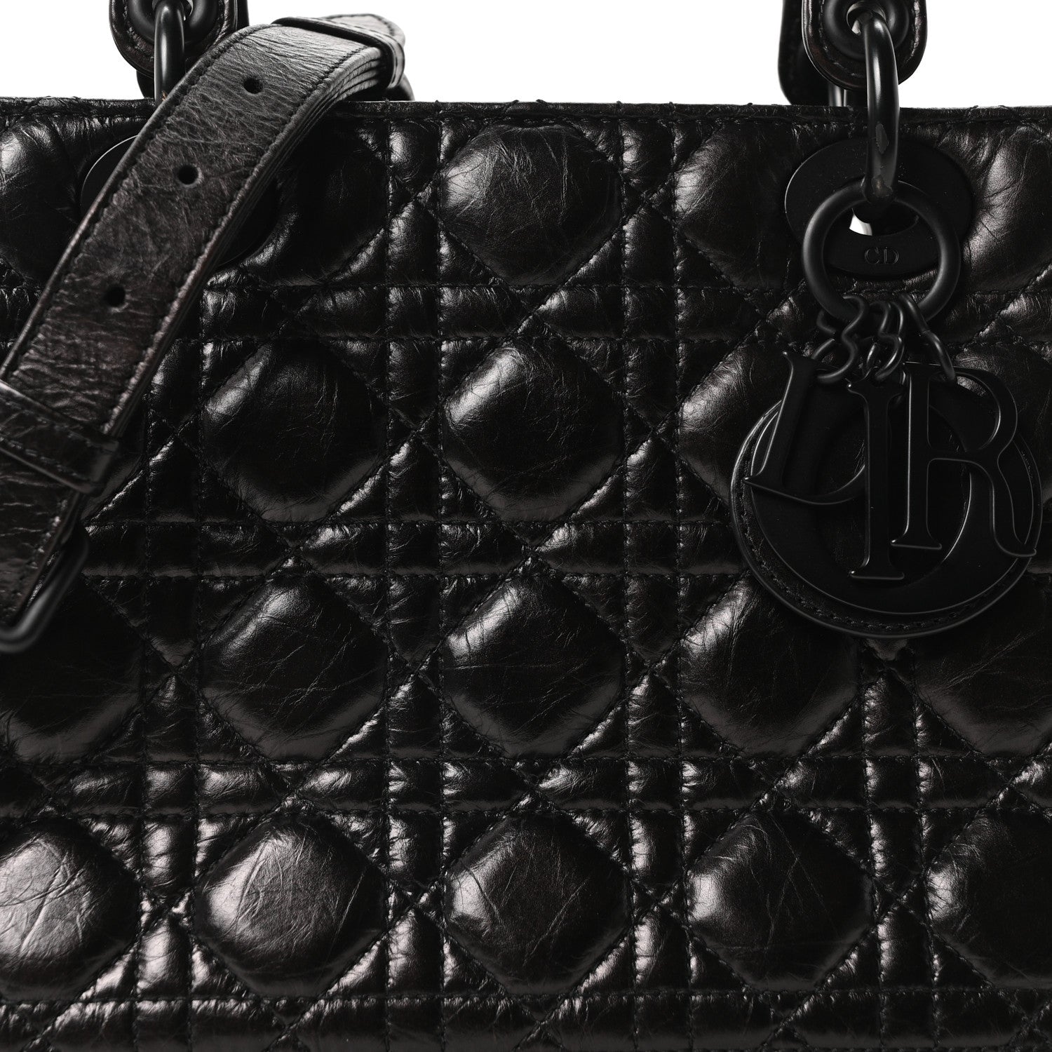 Christian Dior Crinkled Calfskin Cannage Medium Lady Dior Black