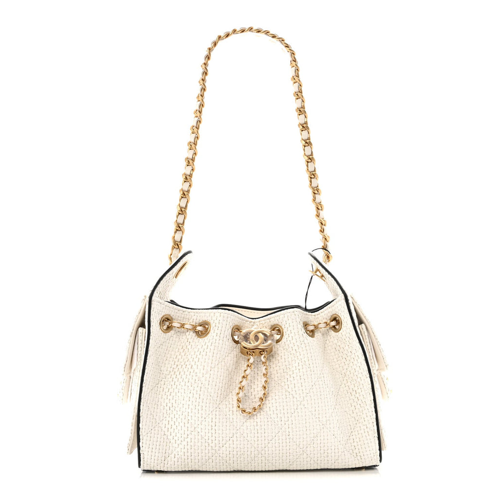 Chanel Braided Raffia Calfskin Mini Chanel 25 Handbag White Black