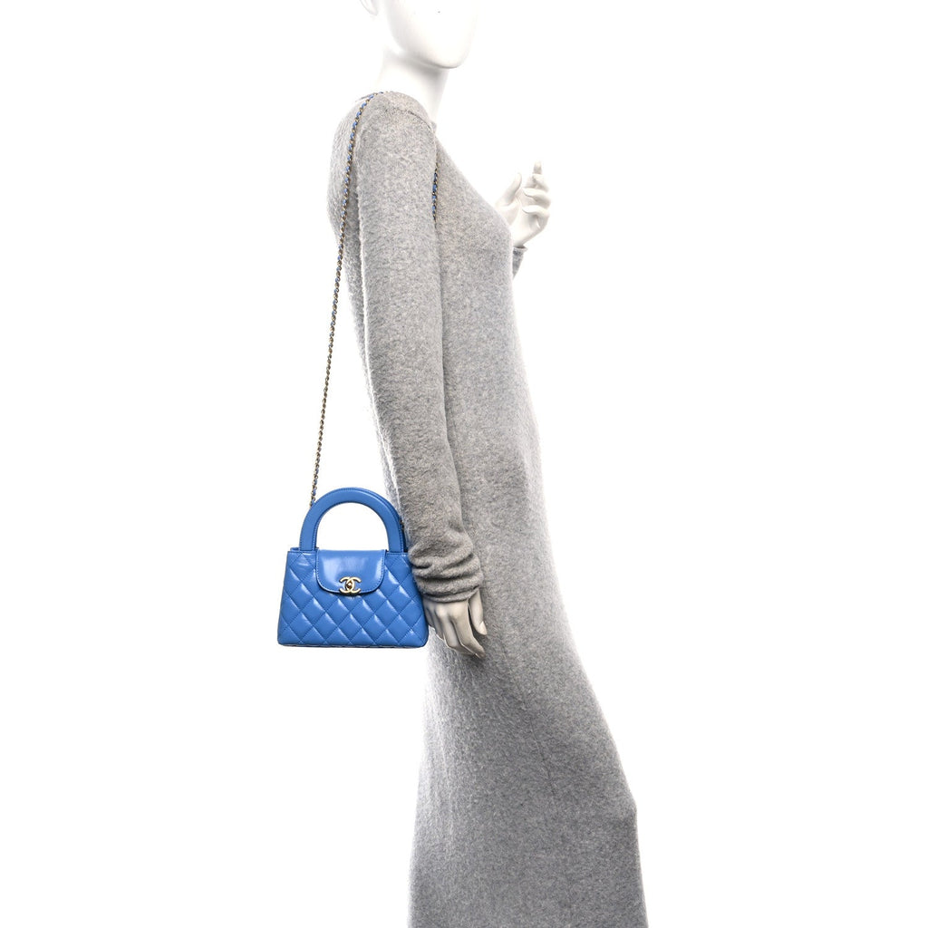 Chanel Shiny Aged Calfskin Quilted Nano Kelly Shopper Blue