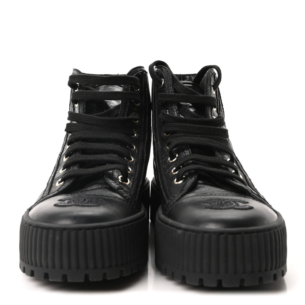 Aged Calfskin Lace Up Cap Toe Sneakers 36 Black White