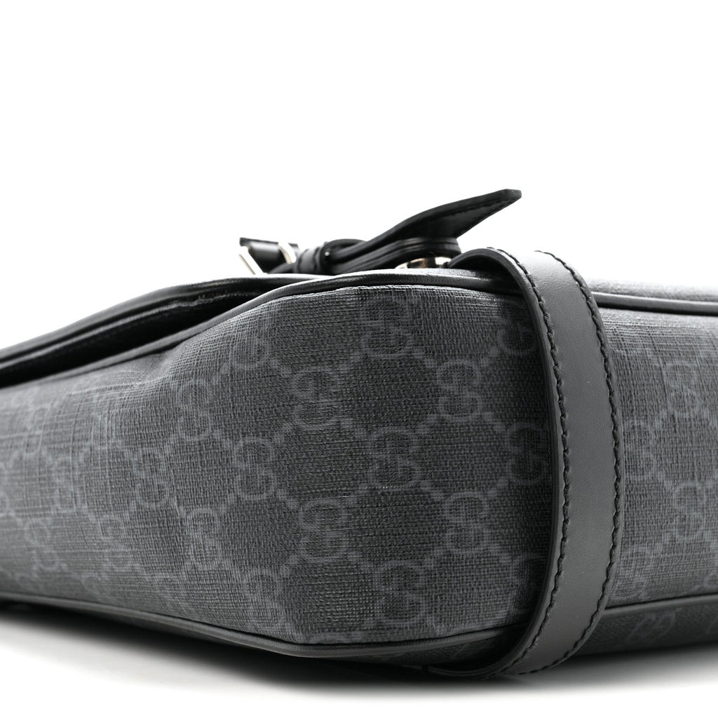 Gucci GG Supreme Monogram Textured Dollar Calfskin Retro Interlocking G Flap Messenger Bag Black