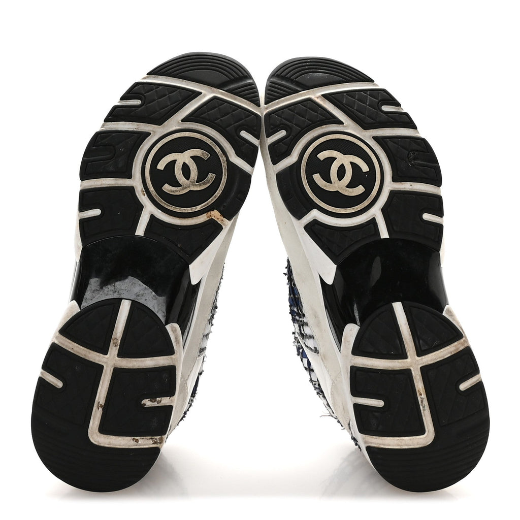 Chanel Tweed Suede Calfskin Womens CC Sneakers 39.5 Dark Blue Black Grey White