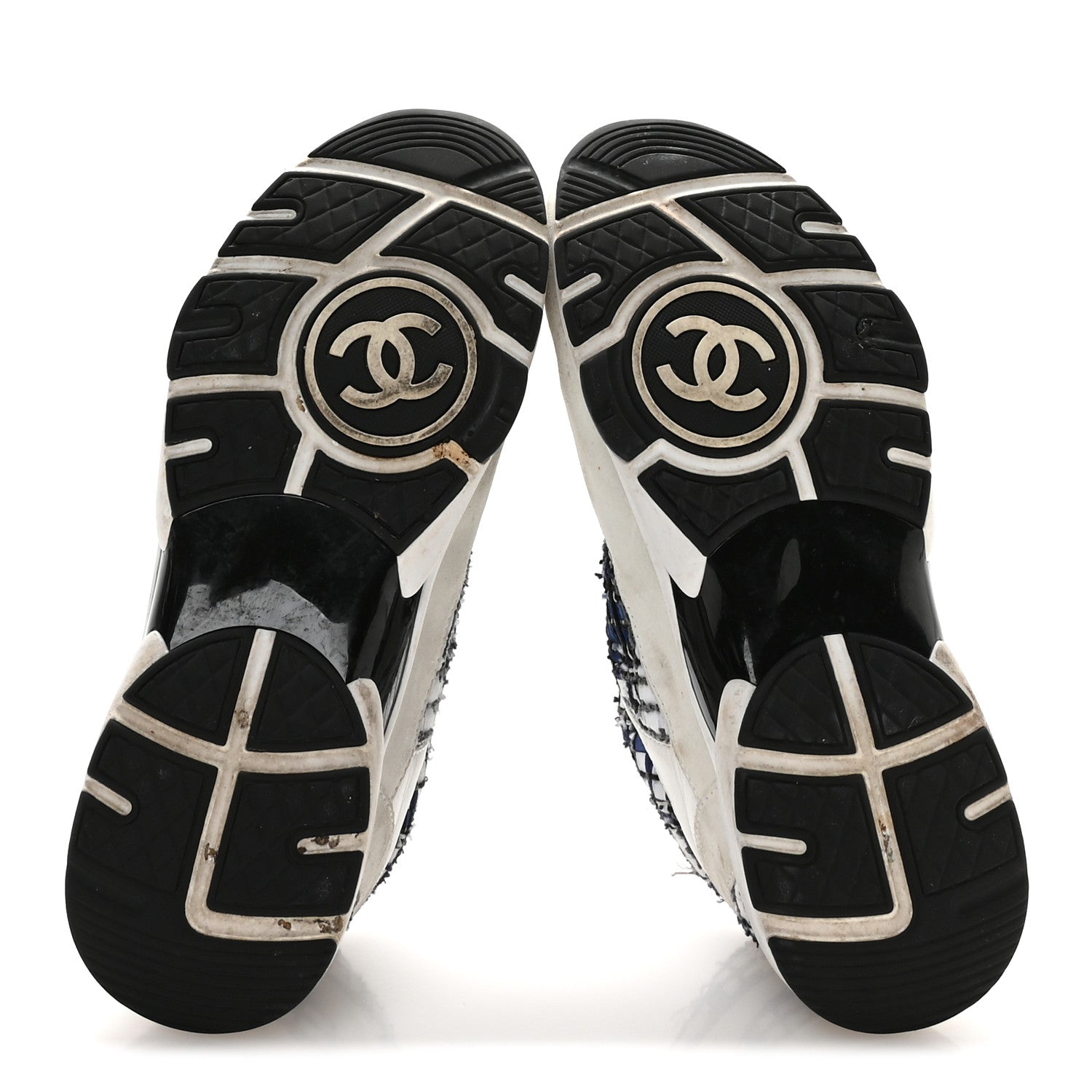 Chanel Tweed Suede Calfskin Womens CC Sneakers 39.5 Dark Blue Black Grey White