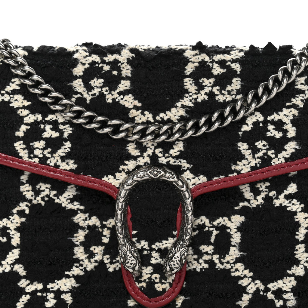 Gucci Tweed GG Monogram Mini Dionysus Chain Wallet Black White Romantic Cherry