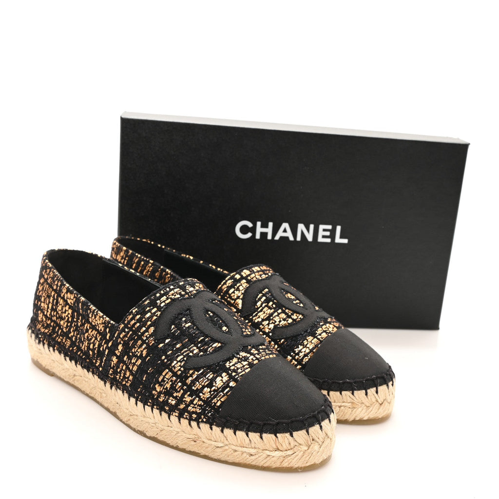 Metallic Tweed Grosgrain CC Espadrilles 38 Gold Black