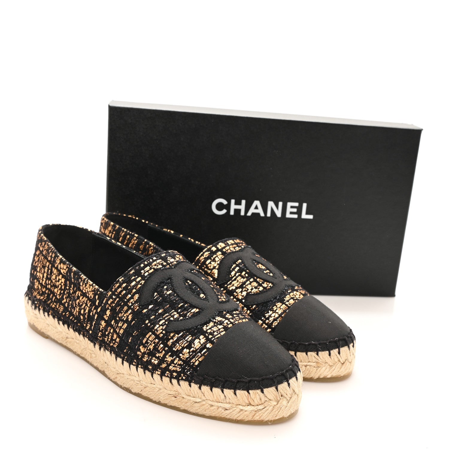 Metallic Tweed Grosgrain CC Espadrilles 38 Gold Black