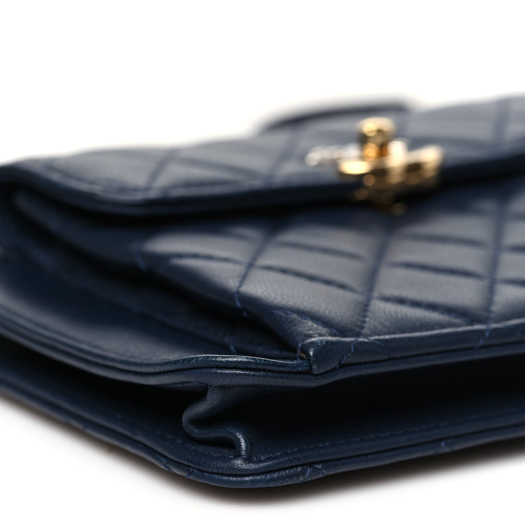 Chanel Lambskin Quilted Square Front Pocket Clutch With Chain Navy Blue
