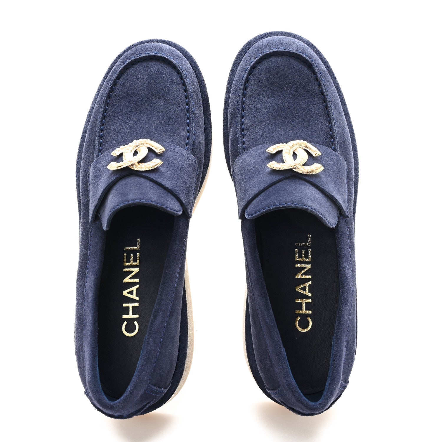 Chanel Suede Calfskin Pearl CC Moccasin Loafers 37 Navy