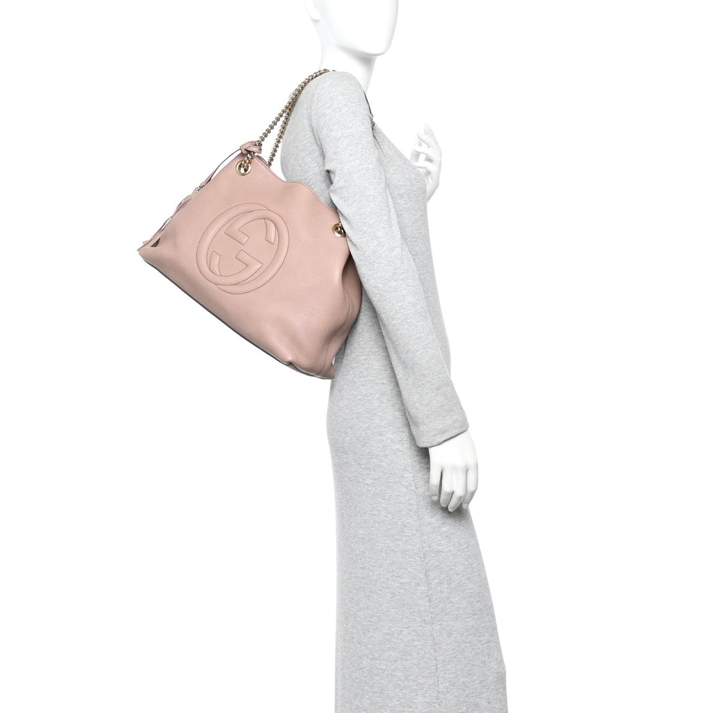 Gucci Pebbled Calfskin Medium Soho Chain Shoulder Bag Camelia