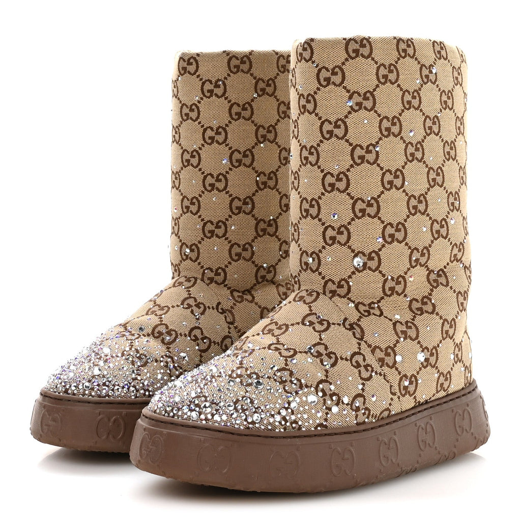Gucci Monogram GG Strass Thermal Bootie 37 Camel Ebony