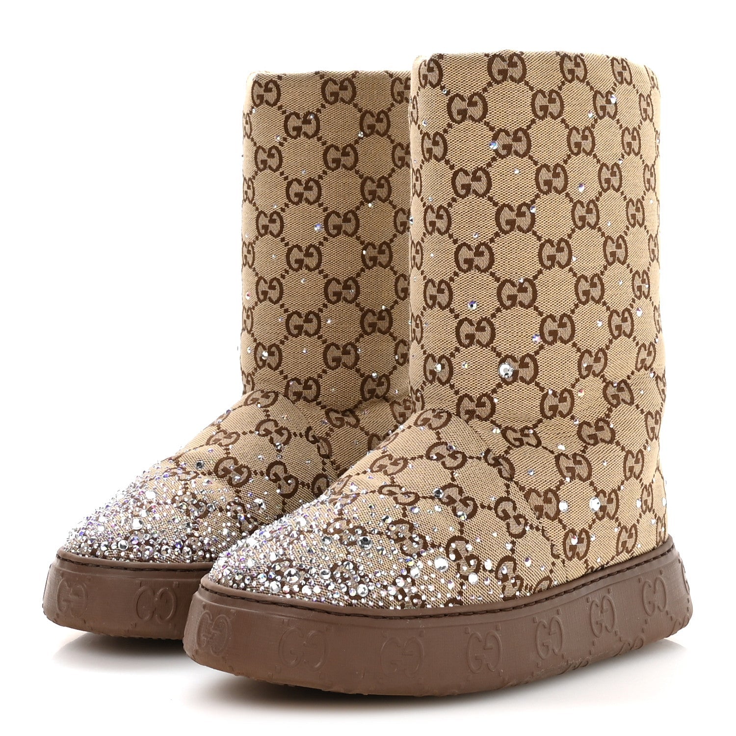 Gucci Monogram GG Strass Thermal Bootie 37 Camel Ebony