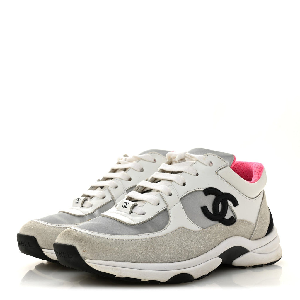 Calfskin Fabric Sneakers 36 White Silver Fluo Pink