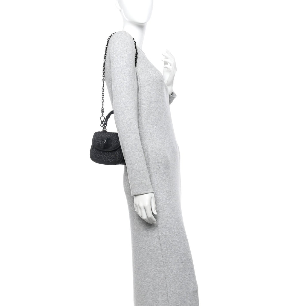 Gucci Moire Fabric Calfskin Rhinestone Monogram Monochrome Mini Bamboo 1947 Top Handle Chain Bag Black