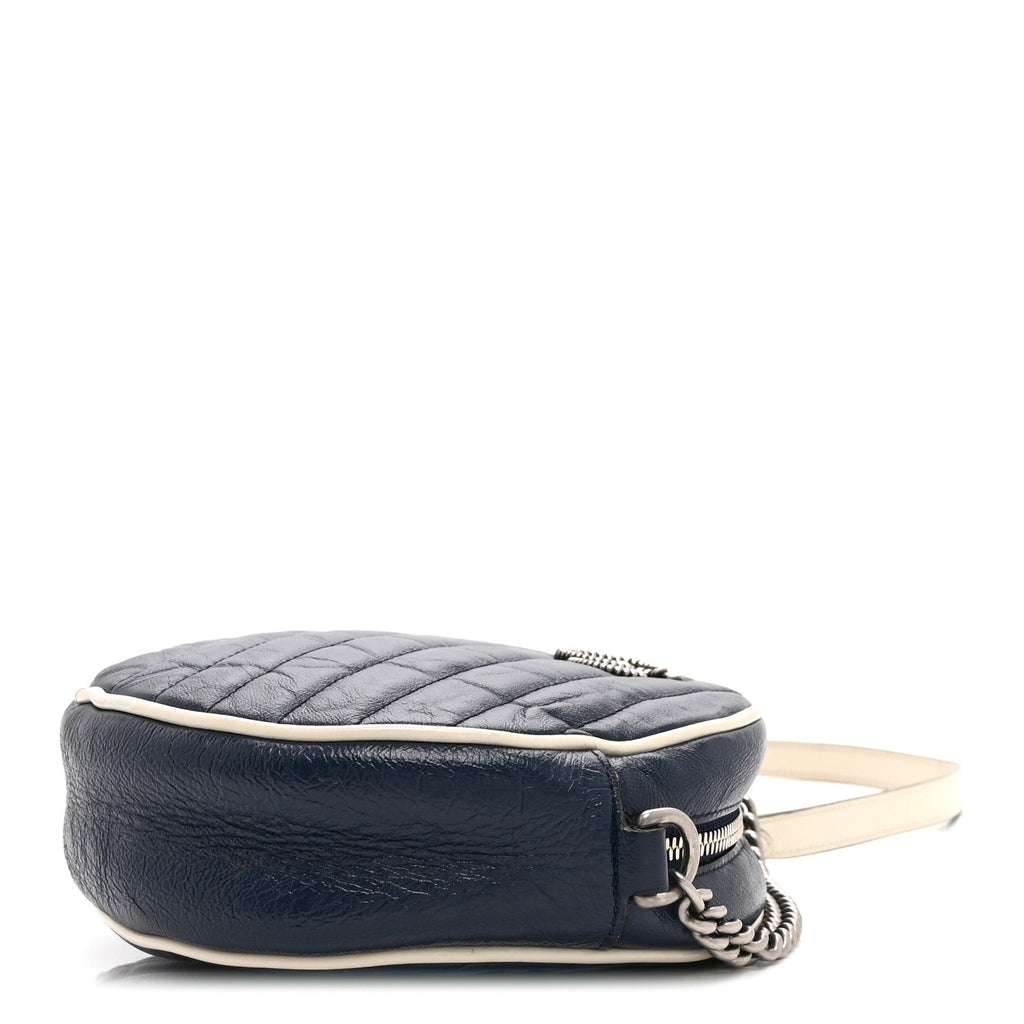 Gucci Azalea Calfskin Matelasse Diagonal Mini Torchon GG Marmont Round Shoulder Bag Blue Agata Mystic White