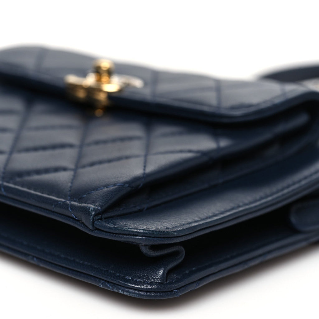 Chanel Lambskin Quilted Square Front Pocket Clutch With Chain Navy Blue