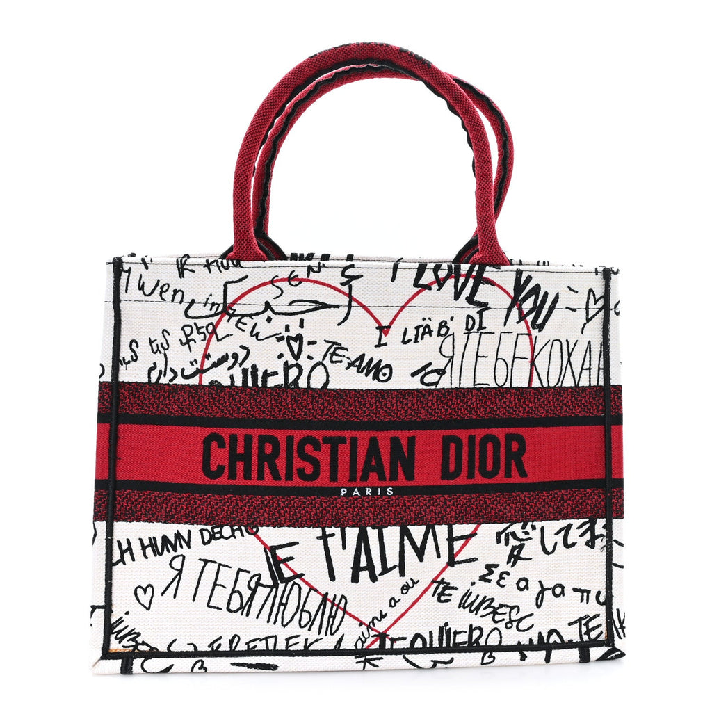 Christian Dior Canvas Embroidered Medium Dioramour Graffiti Book Tote Latte Multicolor