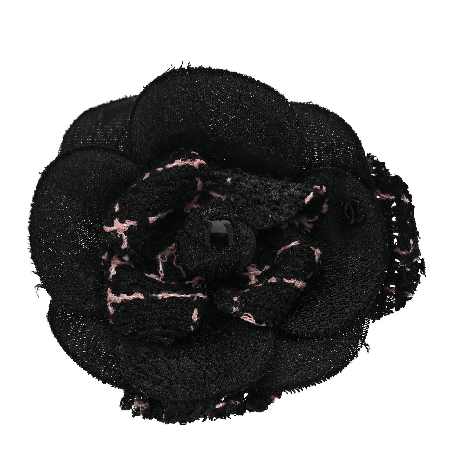 Chanel Tweed Camellia Pin Brooch Black Pink