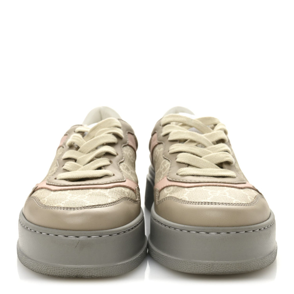 Gucci Calfskin GG Supreme Monogram Perforated Womens Platform 55mm Sneakers 37 Apricot Pink Beige Grey