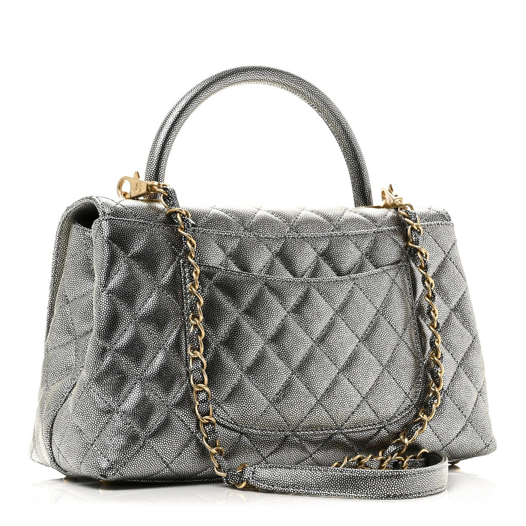 Chanel Metallic Caviar Quilted Small Coco Handle Flap Silver