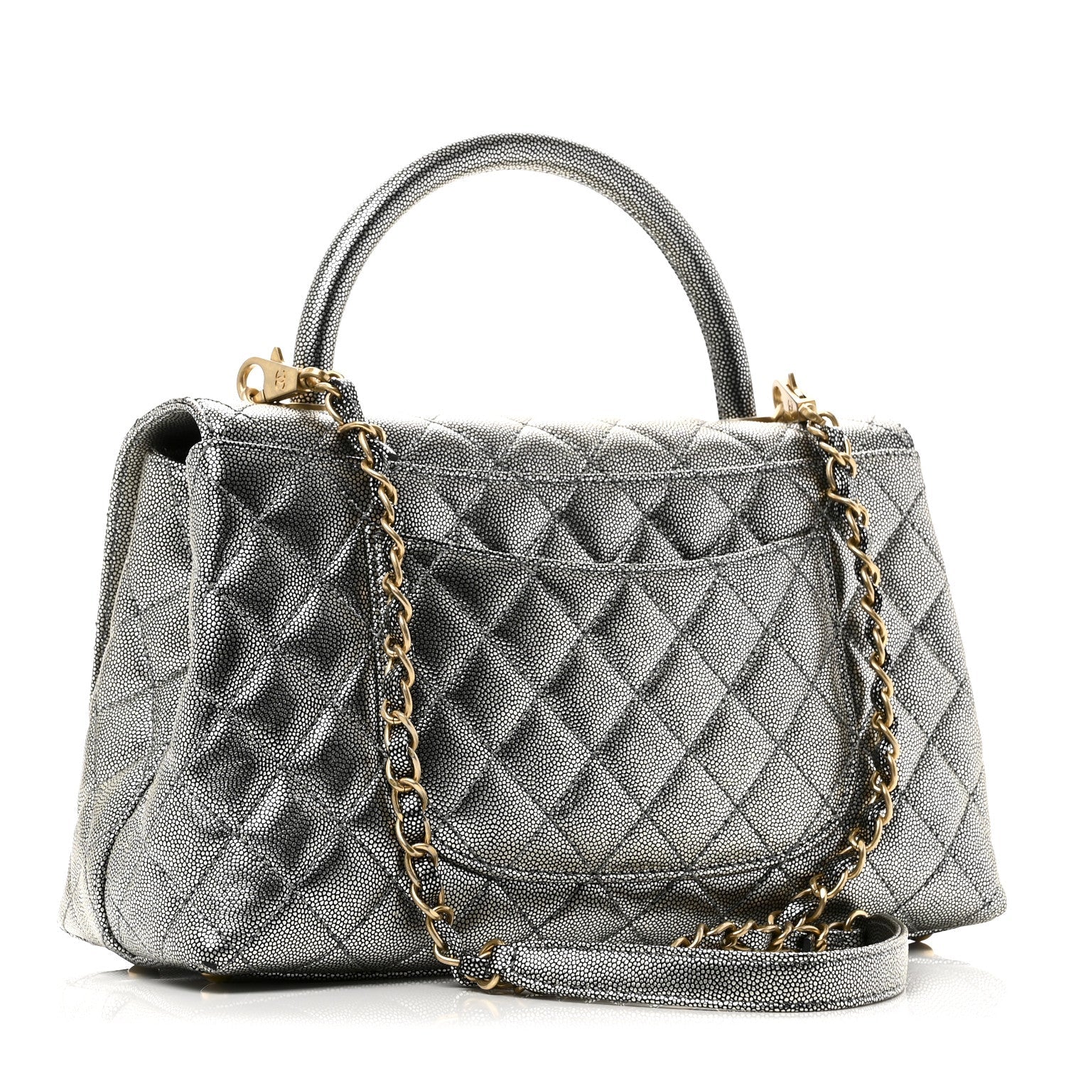 Chanel Metallic Caviar Quilted Small Coco Handle Flap Silver