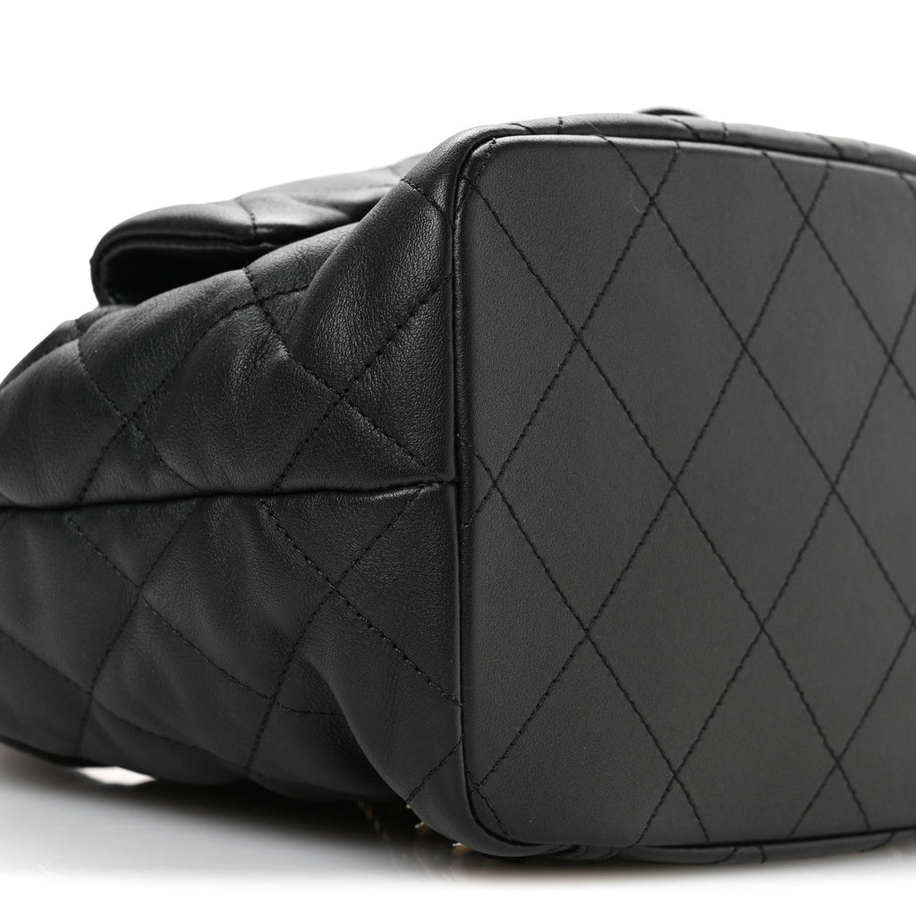 Chanel Lambskin Quilted Double Pocket Drawstring Backpack Black