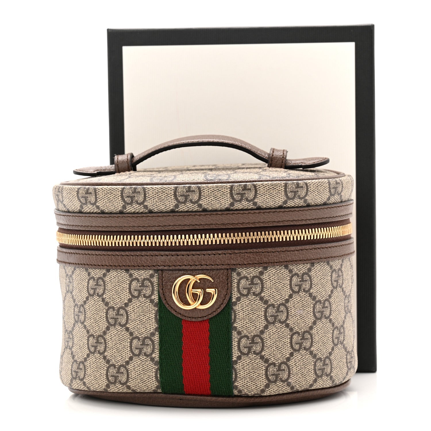 Gucci GG Supreme Monogram Textured Calfskin Web Ophidia Vanity Cosmetic Case Beige Ebony New Acero