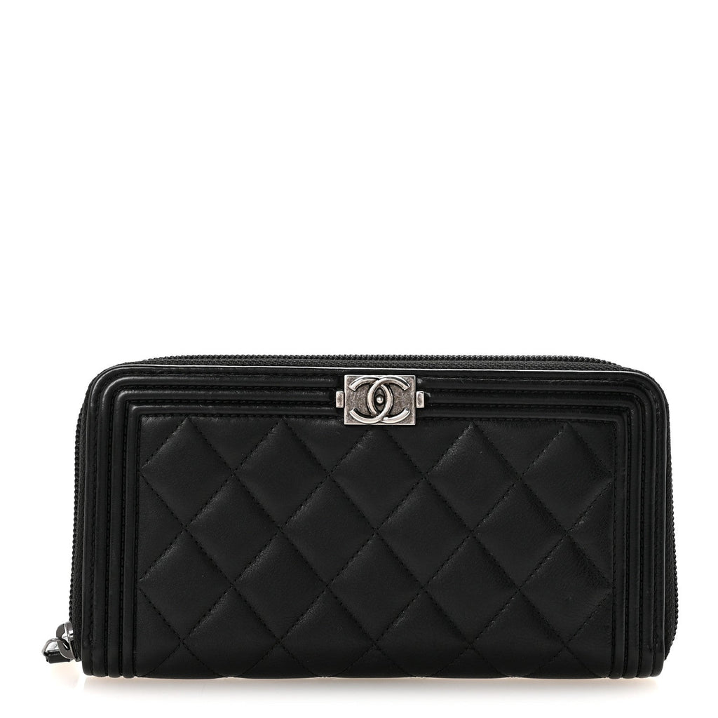 Lambskin Quilted Boy Zip Around Wallet Black