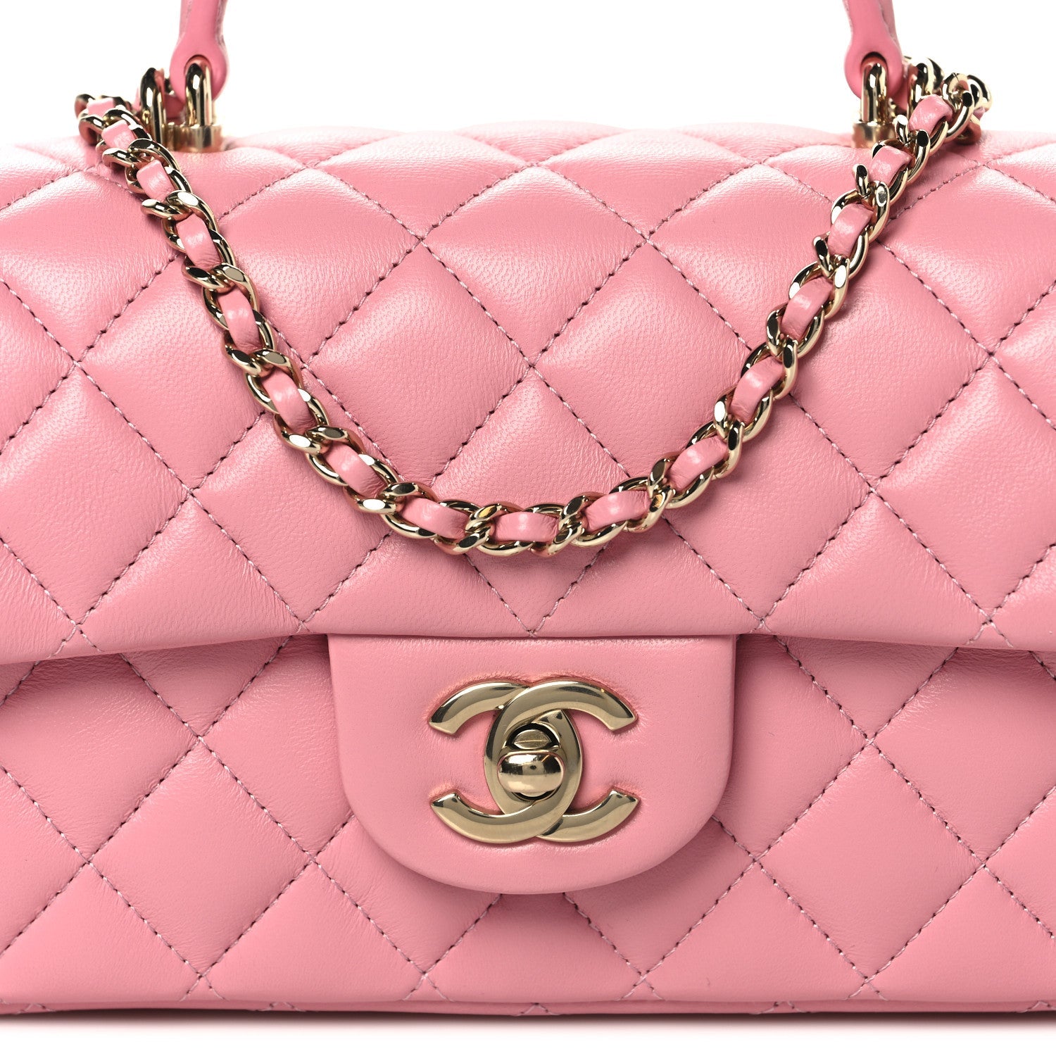 Chanel Lambskin Quilted Mini Top Handle Rectangular Flap Pink