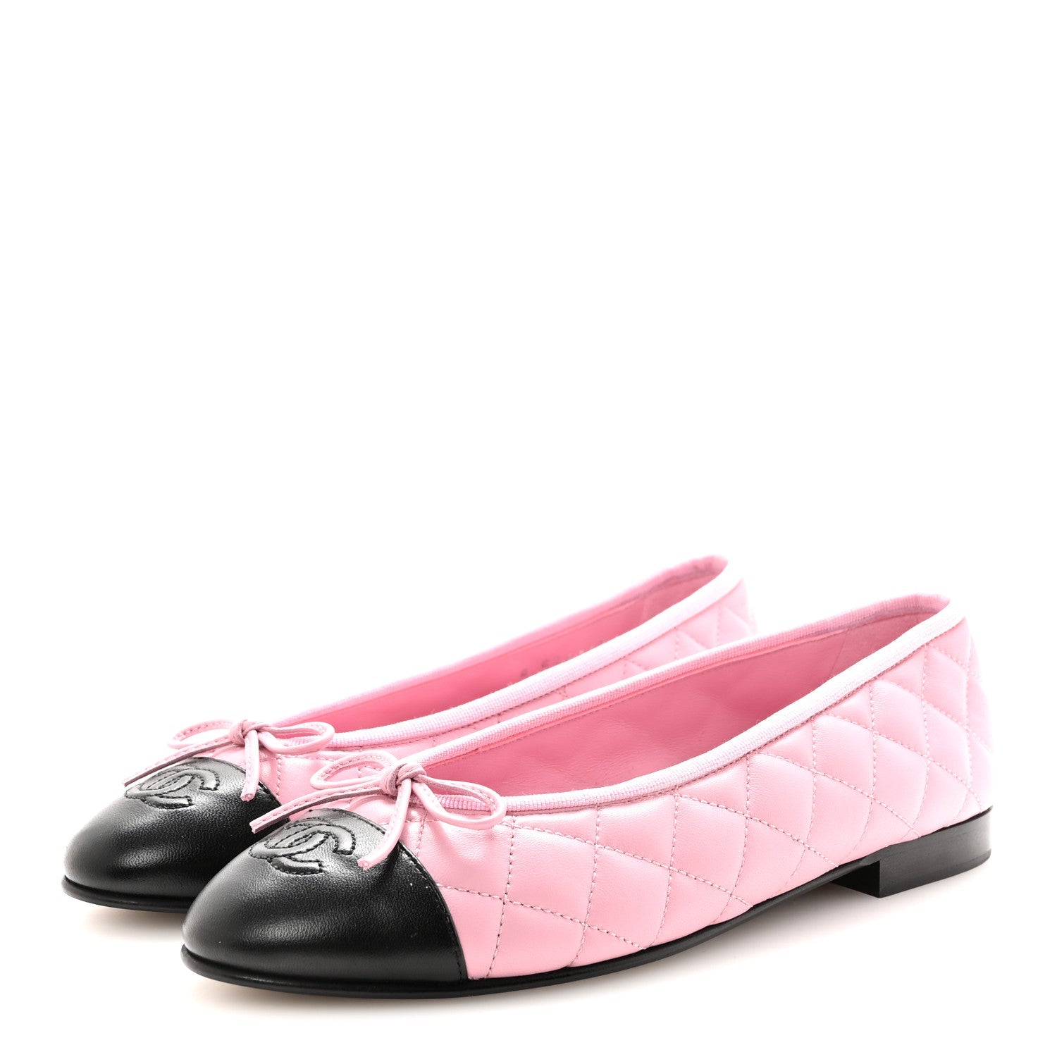 Lambskin Quilted CC Cap Toe Ballerina Flats 37.5 Pink Black