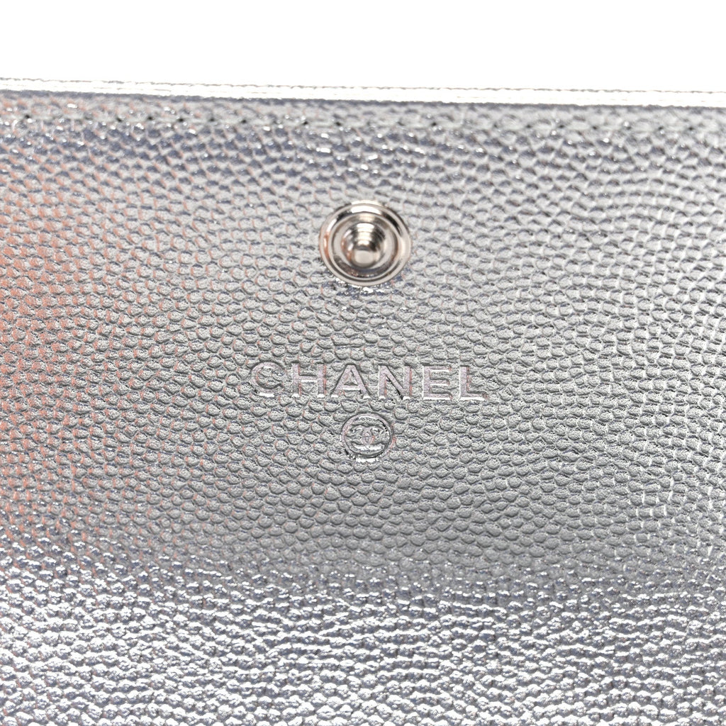 Metallic Caviar Timeless CC Flap Card Holder Silver