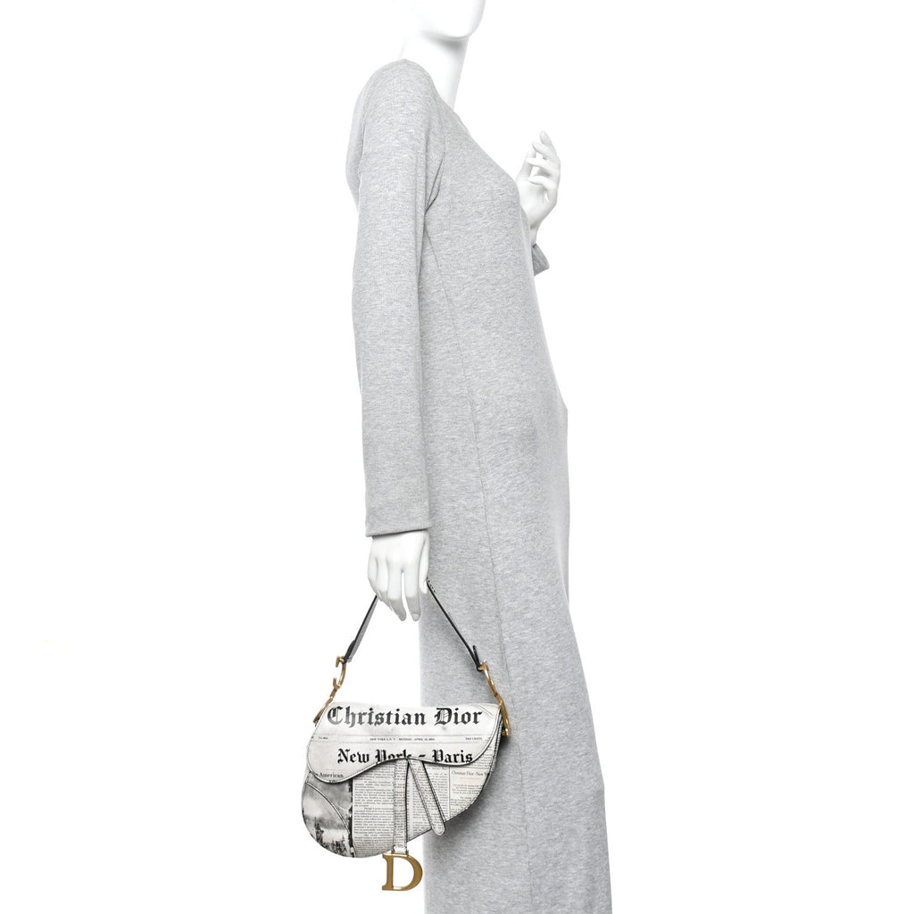 Christian Dior Calfskin Newspaper Printed Saddle Bag Black White