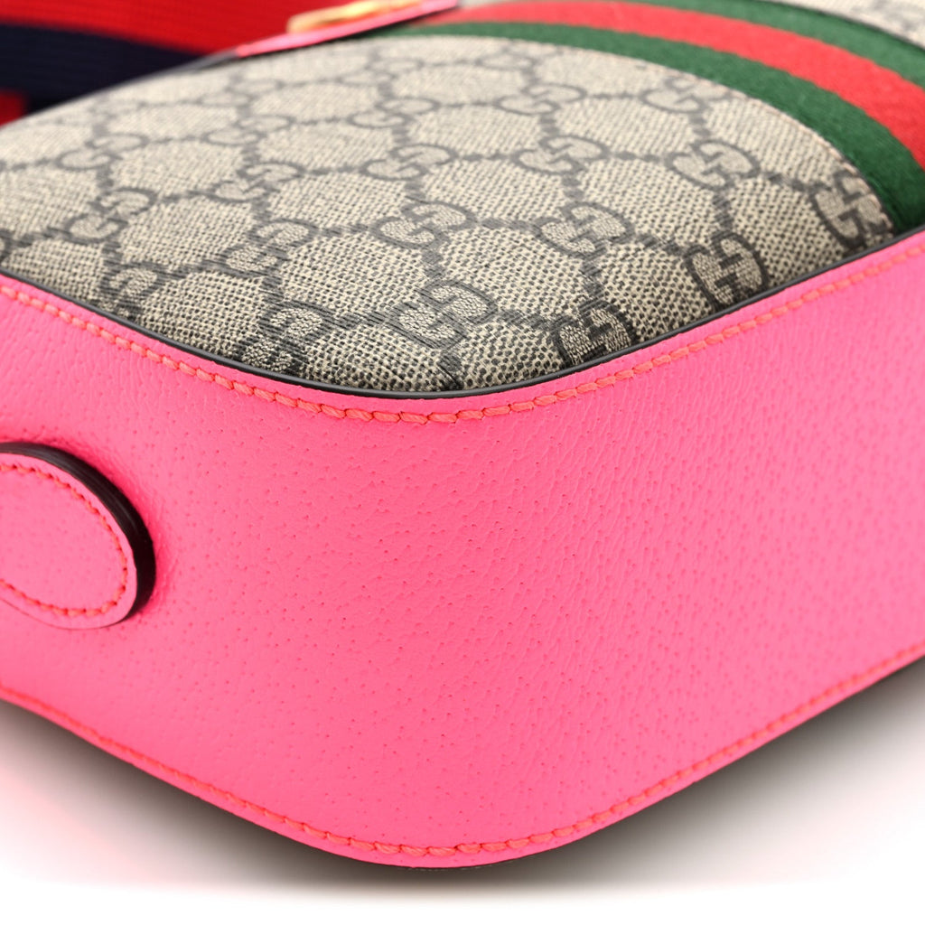 Gucci GG Supreme Monogram Textured Dollar Calfskin Web Ophidia Small Crossbody Bag Beige Ebony Fuchsia
