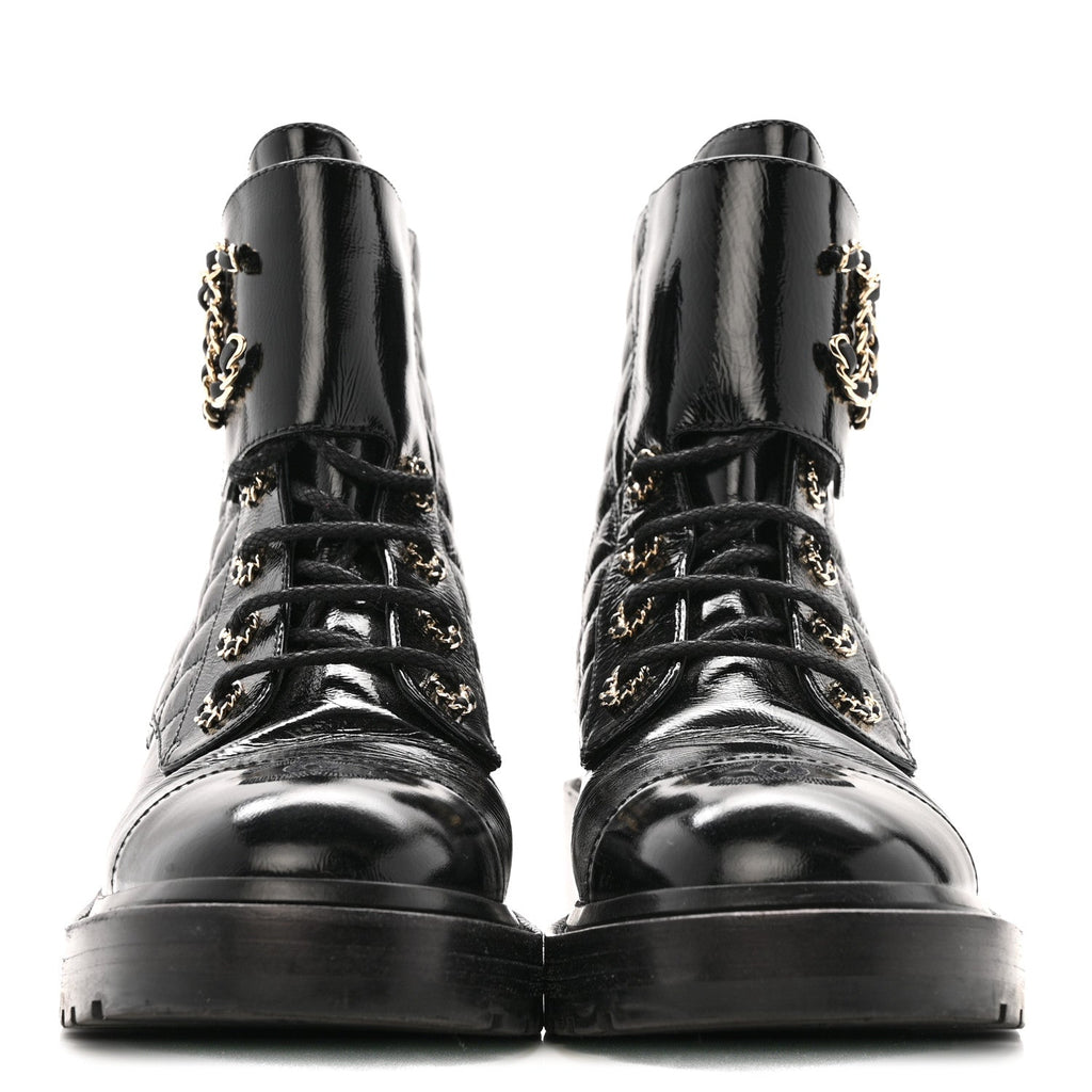 Chanel Shiny Calfskin Quilted Lace Up Combat Boots 39 Black