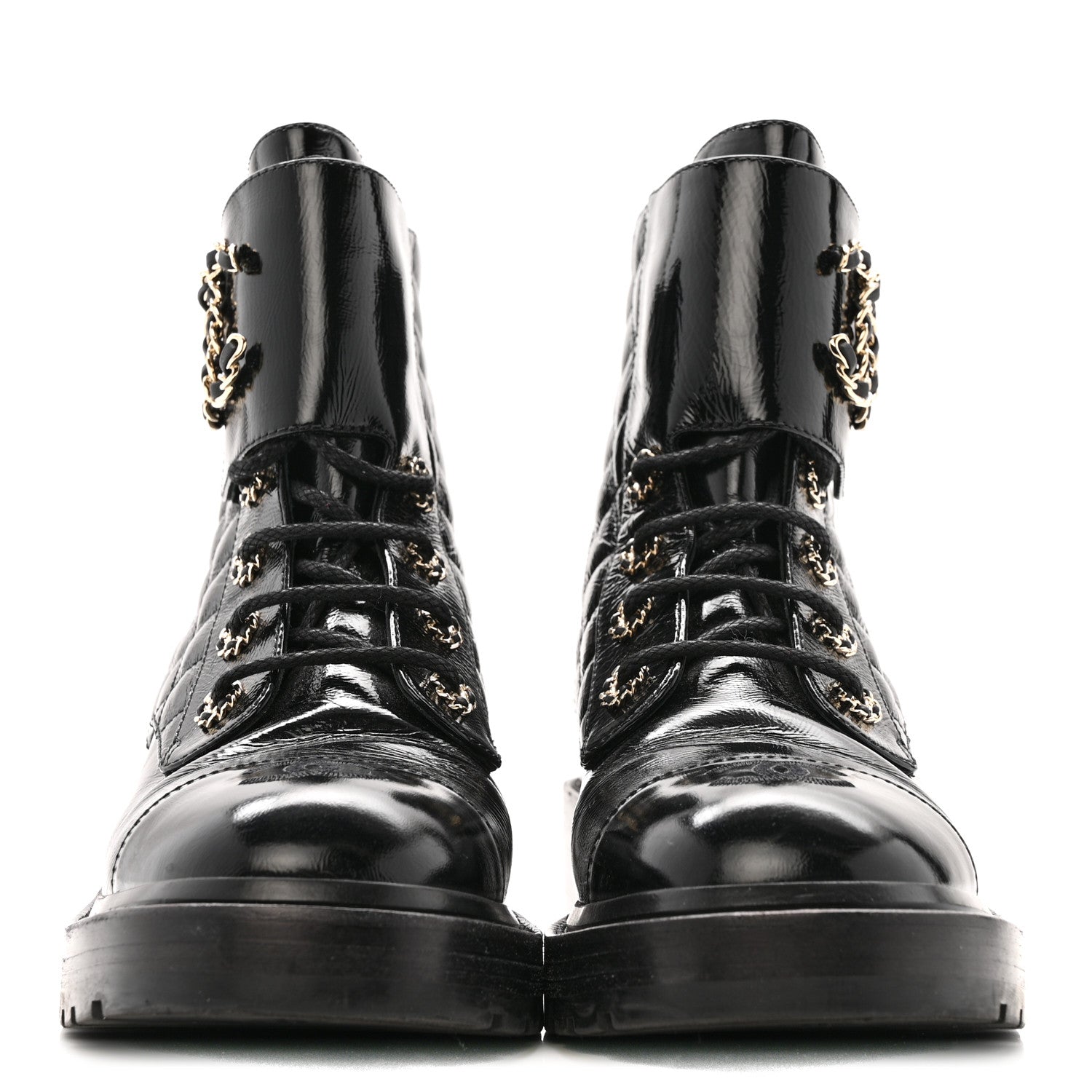 Chanel Shiny Calfskin Quilted Lace Up Combat Boots 39 Black