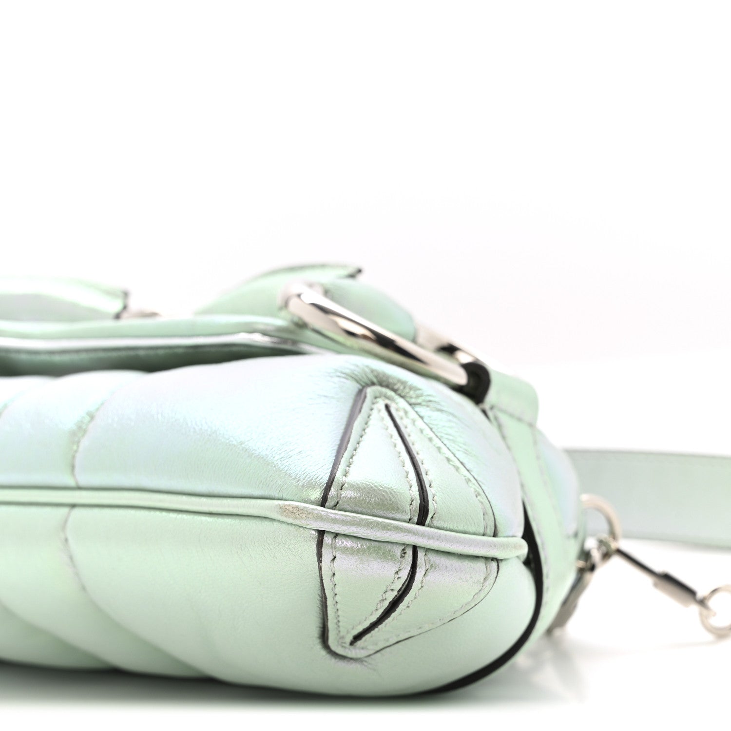 Gucci Iridescent Nappa Vertical Matelasse Small Maxi Horsebit Chain Shoulder Bag Iridescent Salvy Green