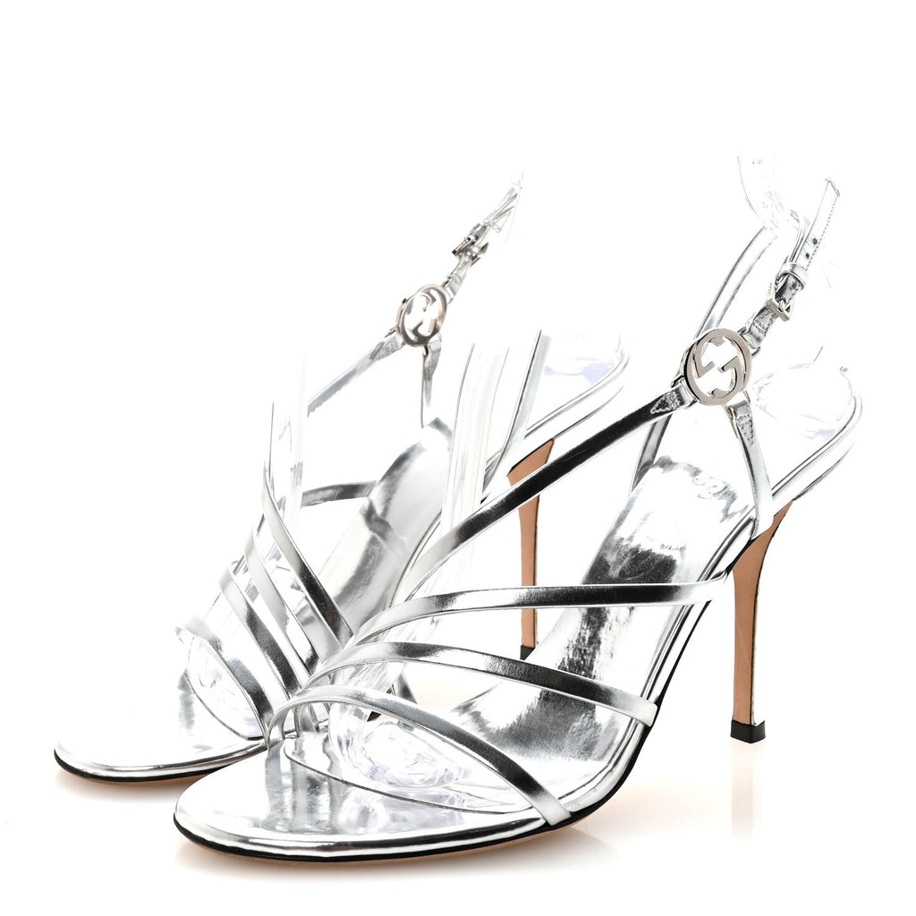 Gucci Metallic Calfskin Interlocking G Strappy Sandals 38 Silver