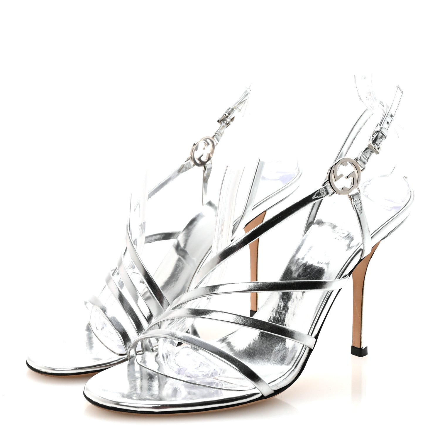 Gucci Metallic Calfskin Interlocking G Strappy Sandals 38 Silver
