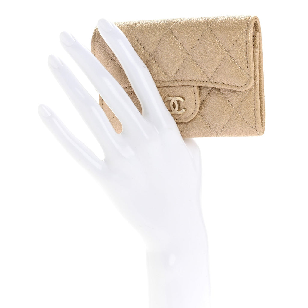 Iridescent Caviar Quilted Flap Card Holder Beige