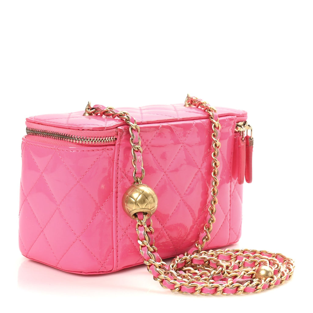 Chanel Patent Quilted Pearl Crush Small Vanity Case With Chain Neon Pink