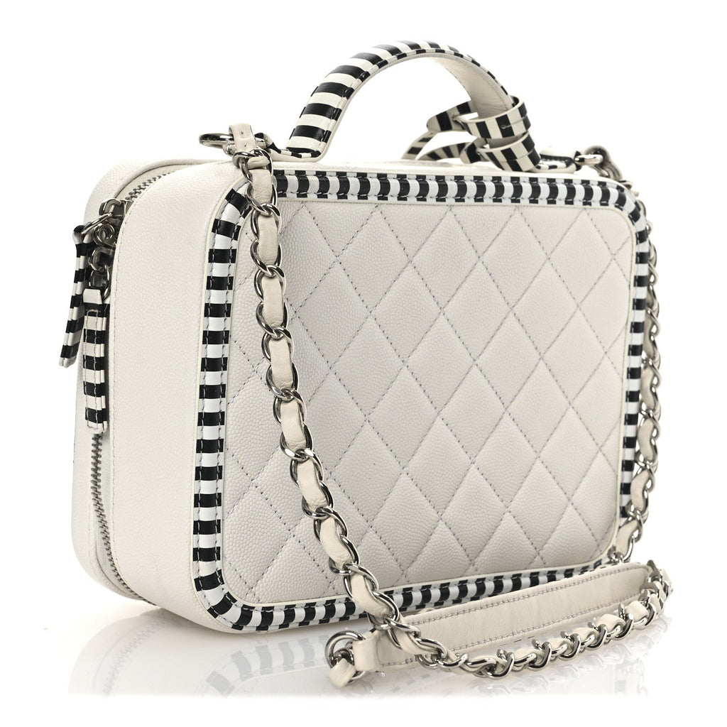 Chanel Caviar Quilted Striped Medium CC Filigree Vanity Case White Black
