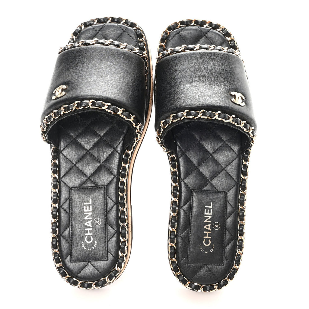 Lambskin Chain Cork Slide Sandals 37 Black