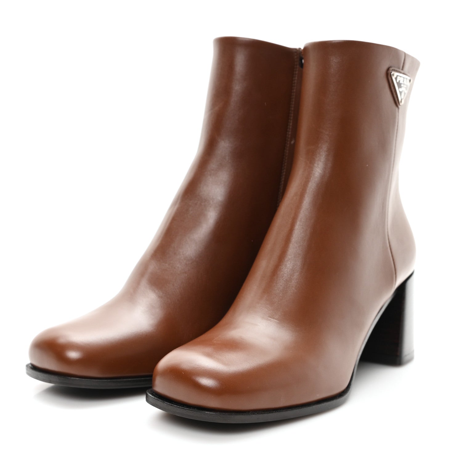 Prada Vitello Triangle Ankle Boots 36.5 Cognac