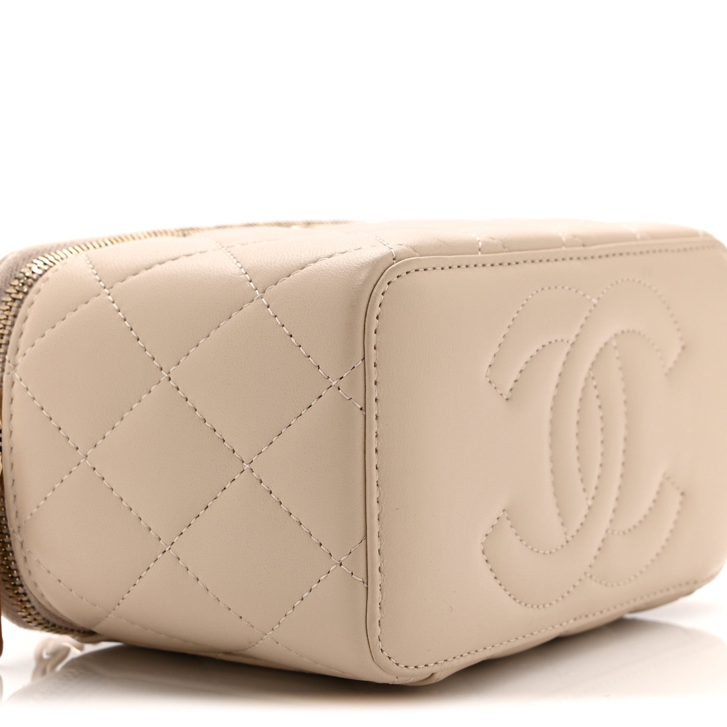 Chanel Lambskin Quilted Small Top Handle Vanity Case With Chain Beige