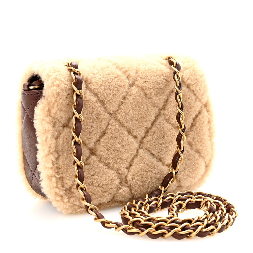 Chanel Shearling Lambskin Quilted Mini Furry Coco Flap Beige Dark Brown