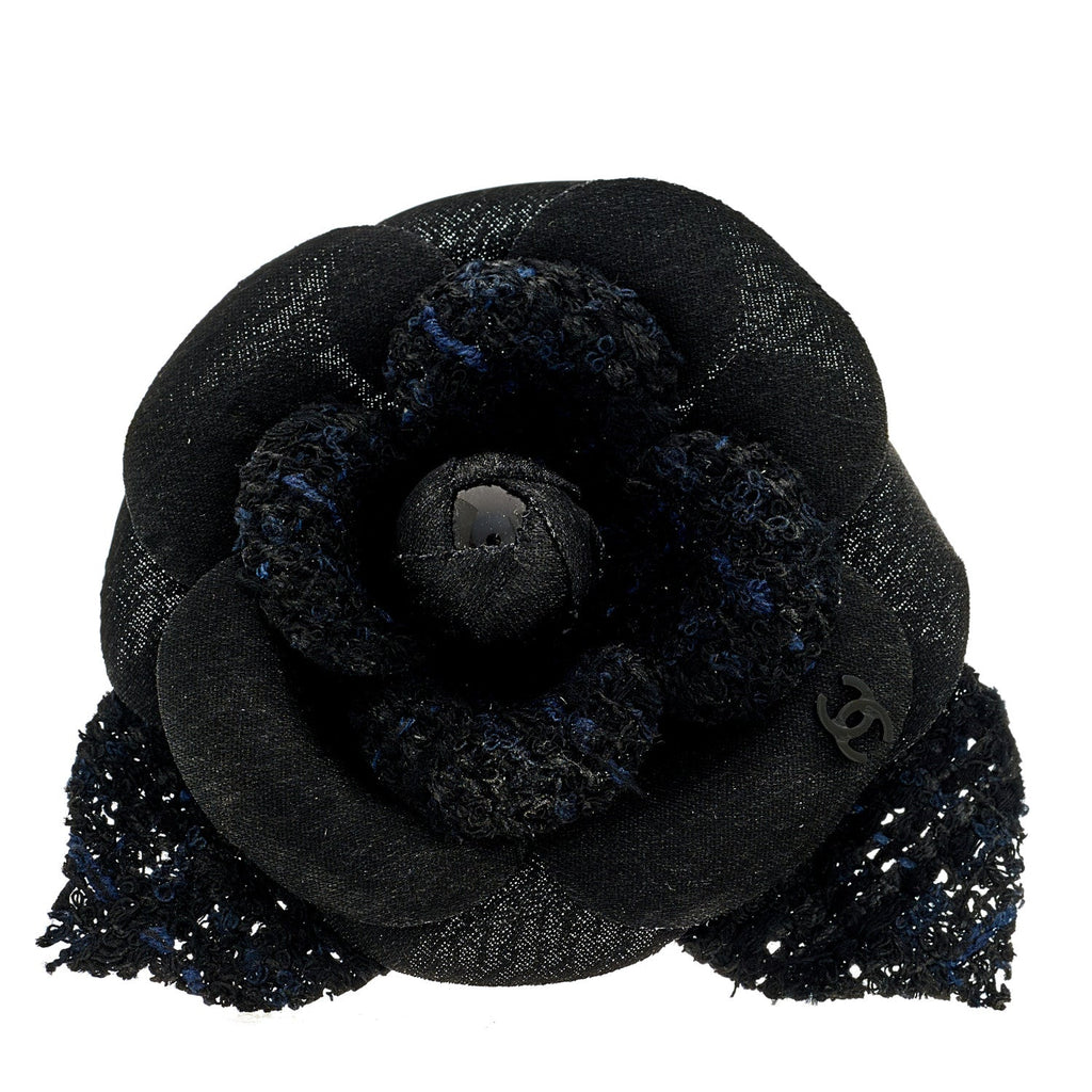 Chanel Tweed Fabric Camellia Pin Brooch 115/46 Navy Blue Black